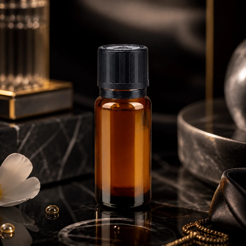 Apteekkipullo ruskea 10ml tiputuskorkki valurengas 1mm musta lapsilukko sokea varoitussymboli peukaloinninestokorkki St. Tyylikäs 10 ml:n tiputuspullo ruskeasta lasista, jossa on musta alkuperäiskorkki mustalla marmorilla