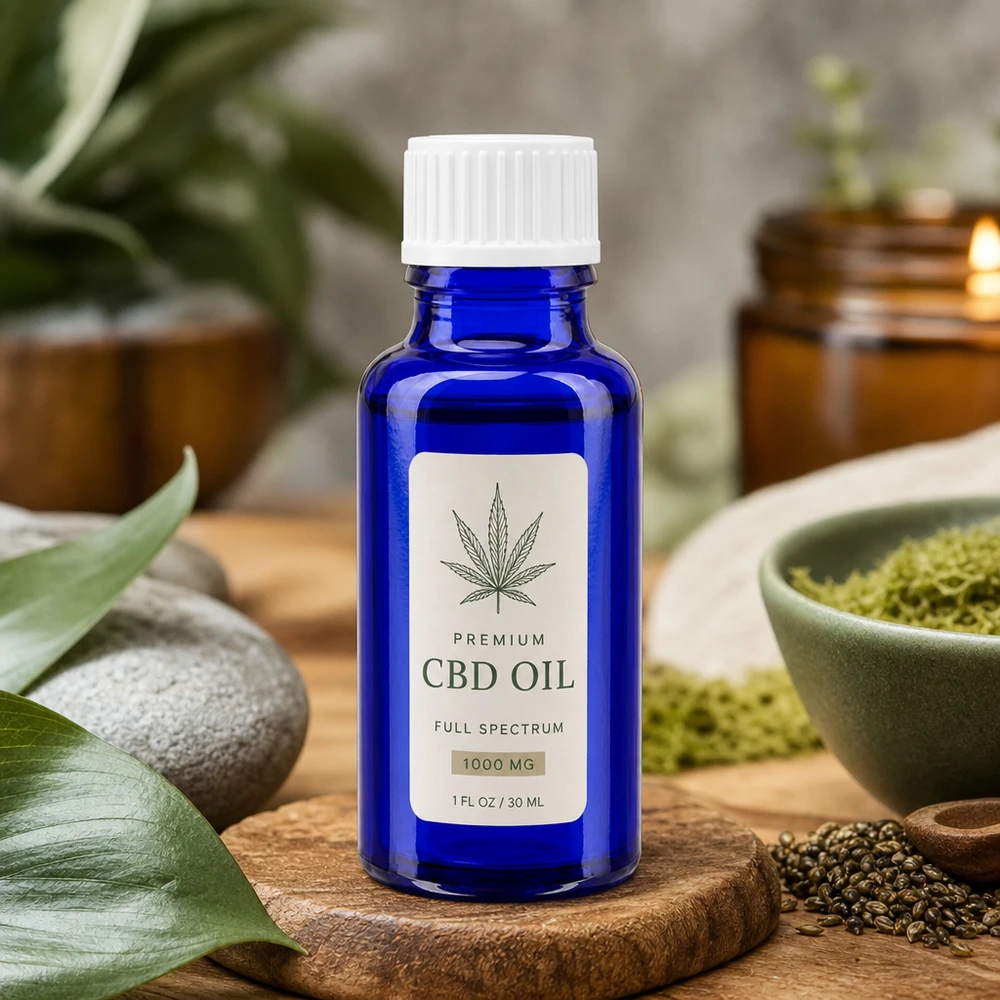 Pieni sininen lasipullo, 20 ml, valkoisella turvakorkilla, CBD-öljyn täyttöä varten