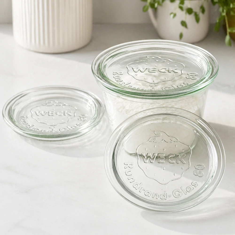 WECK-lasikansi RR80 WECK Glasdeckel RR80 Set mit drei Deckeln auf weißer Oberfläche in moderner Küche für stylische Aufbewahrung
