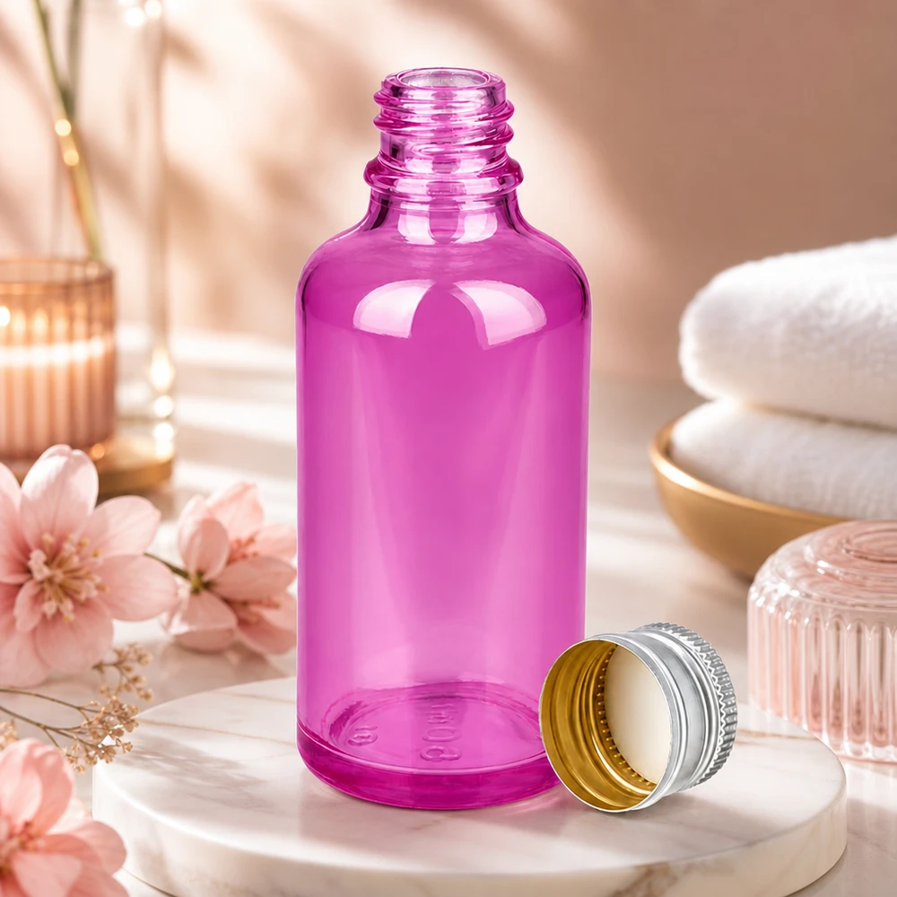 Tyylikäs 50ml tippapullo violetista lasia, jossa on korkealaatuinen alumiinihopea kierrekorkki.