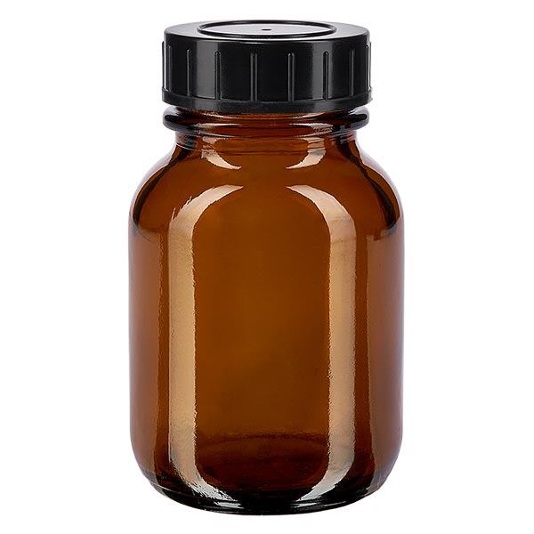 50ml leveäkaulainen meripihkanvärinen lasipullo, jossa on kierrekorkki.