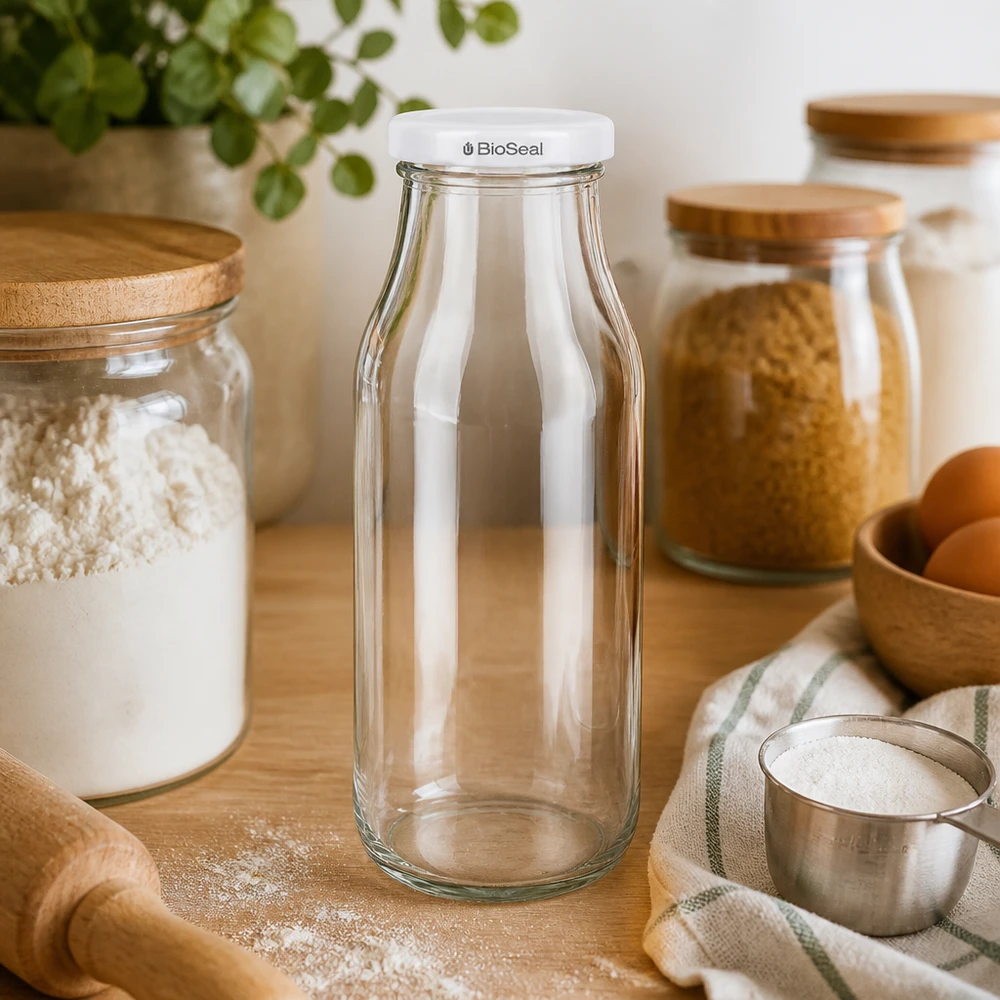 UNiTWIST Bottle263 lasipullo tyhjänä keittiöympäristössä, jossa on puiset säilytyskaapit ja keittiövälineet.