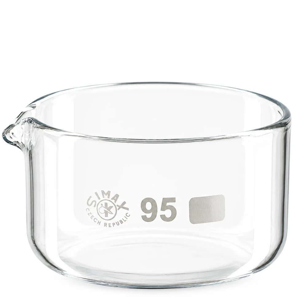 SIMAXin 300 ml:n borosilikaattilasinen kiteytysastia, jossa on kaatoaukko, halkaisija 95 mm
