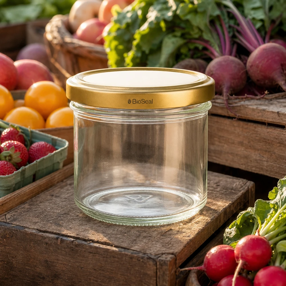 125 ml:n lasipullot, joissa on kultainen UNiTWIST BioSeal -kansi. UNiTWIST 125ml Einmachglas leer mit goldenem TO66 Deckel - umgeben von frischem Gemüse und Obst auf Holzbrett