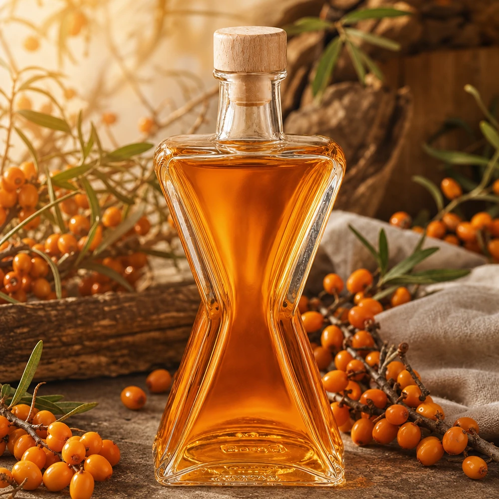 200ml Glasflasche "Star" mit Holzgriff-Korken UNiTWIST 200ml Glasflasche Star mit Sanddornöl gefüllt - Holzkorken UNiTWIST perfekt für Kräuteröle und Essenzen
