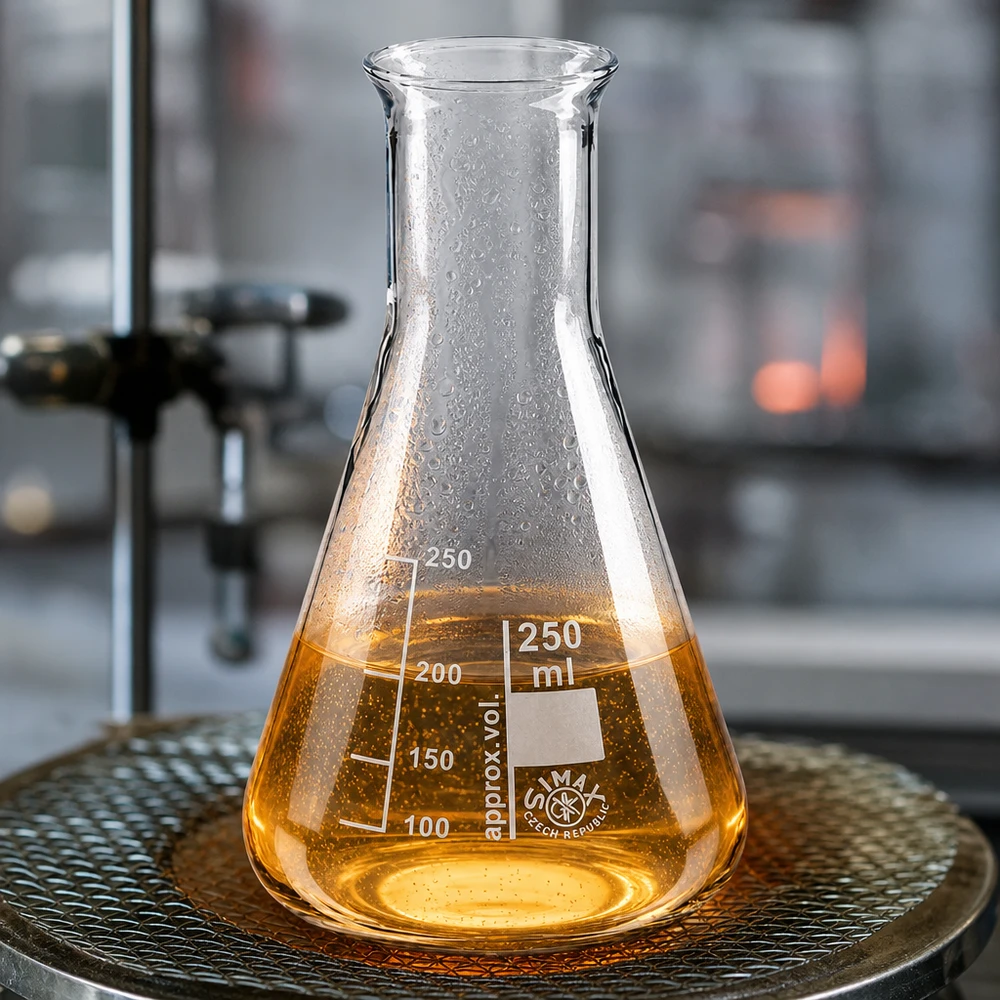 Erlenmeyer-pullo 250ml kapeakaulainen pullo Lämmönkestävä Erlenmeyer-pullo 250ml, valmistettu borosilikaattilasista, jossa on meripihkanvärinen liuos.