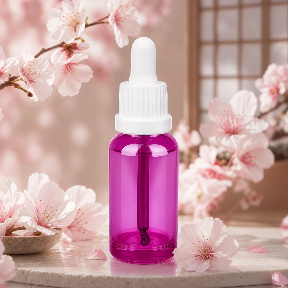Laadukas 20 ml:n pipettipullo lasista, kirkkaan violetti muotoilu ja valkoinen kansi.