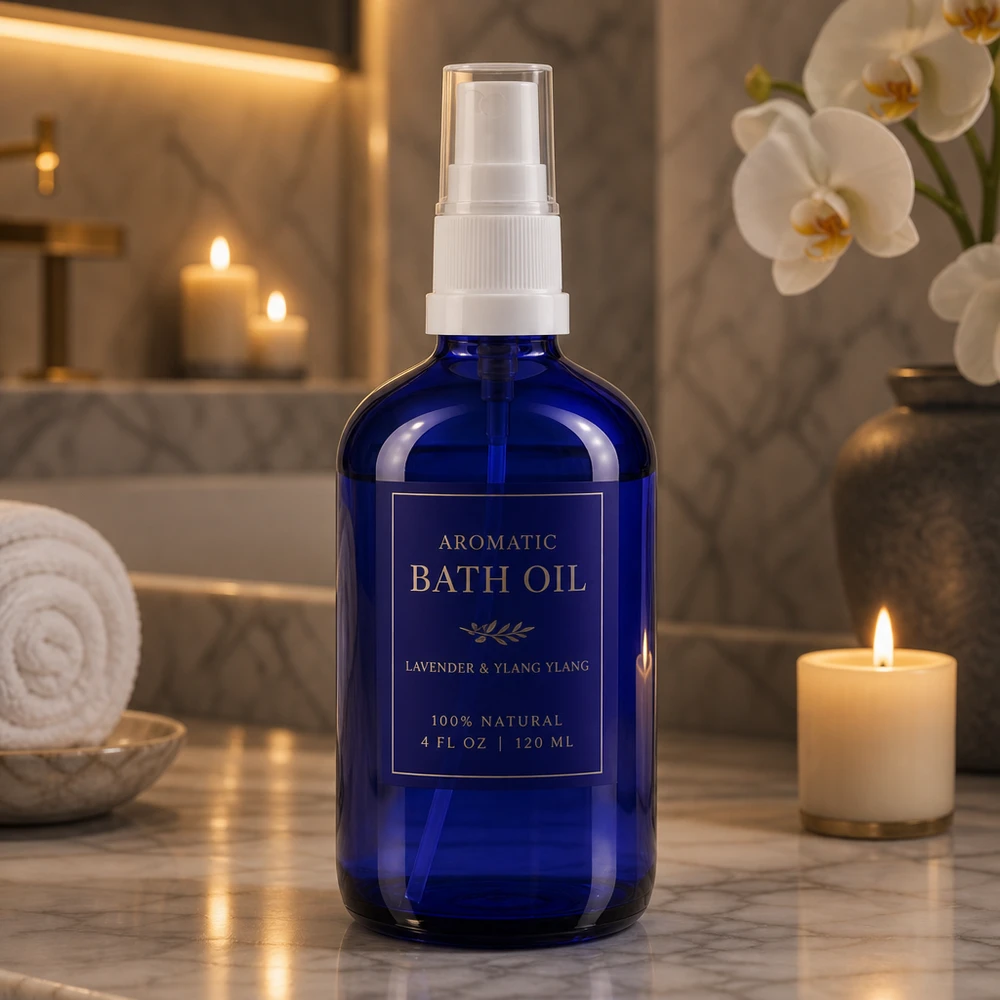 Apteekkipullo sininen 100ml ruiskutuslisäosa valkoinen Sininen 100 ml:n suihkepullo UV-suojalasista, valkoisella pumppupäällä, eteerisille öljyille ja aromaterapiaan