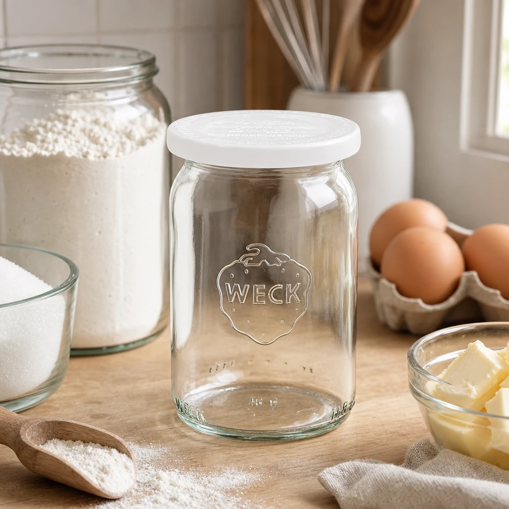 145ml sylinteripurkki, jossa on tuoreuskansi. WECK RR40 WECK RR40 lieriömäinen 145ml purkki valkoisella kannella puulautalla leivonta-aineiden, kuten munien, jauhojen ja voin vieressä.