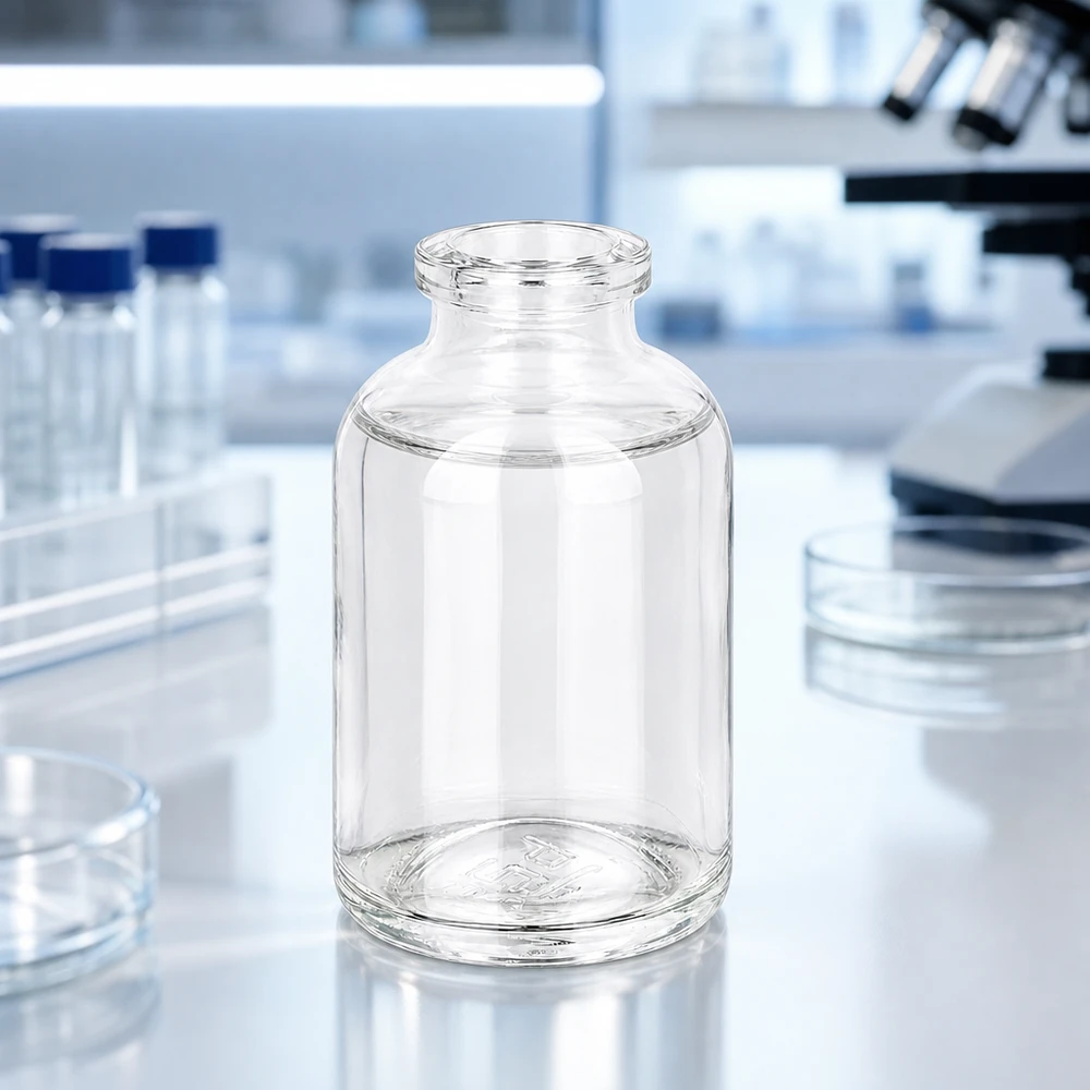 Injektiopullo kirkasta lasia 50ml Kleines 50ml Laborgefäß aus Klarglas neben Petrischalen und Reagenzgläsern