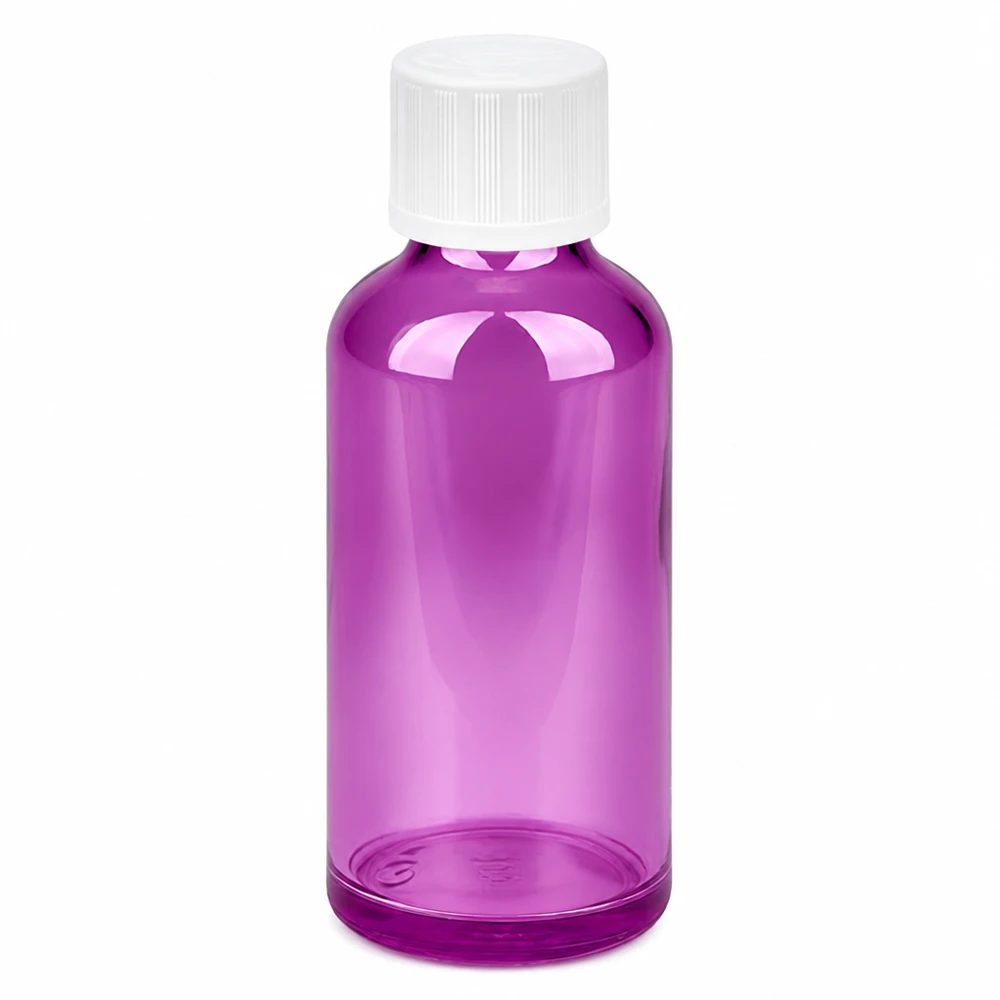 50ml tippapullo 1,2mm valkoinen Standard Child-resistant PurpleLine.UT18/50 lapsiturvallinen. 50ml muovinen tippapullo, violetti, valkoinen kierrekorkki ja 1.2mm tippa-aukko.