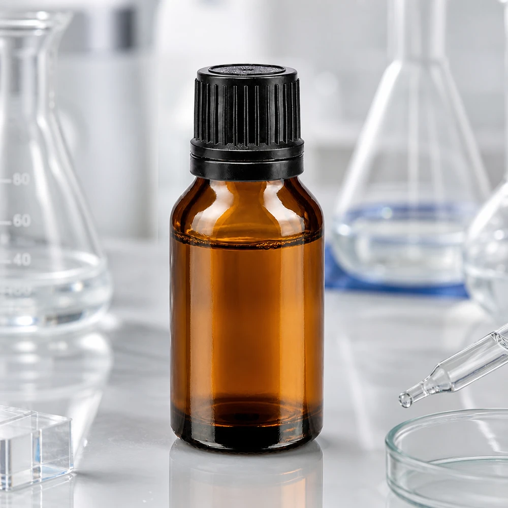 15 ml:n ruskealasi-pullo, jossa on musta kierrekorkki ja kaatorenkaan, laboratoriokäytössä