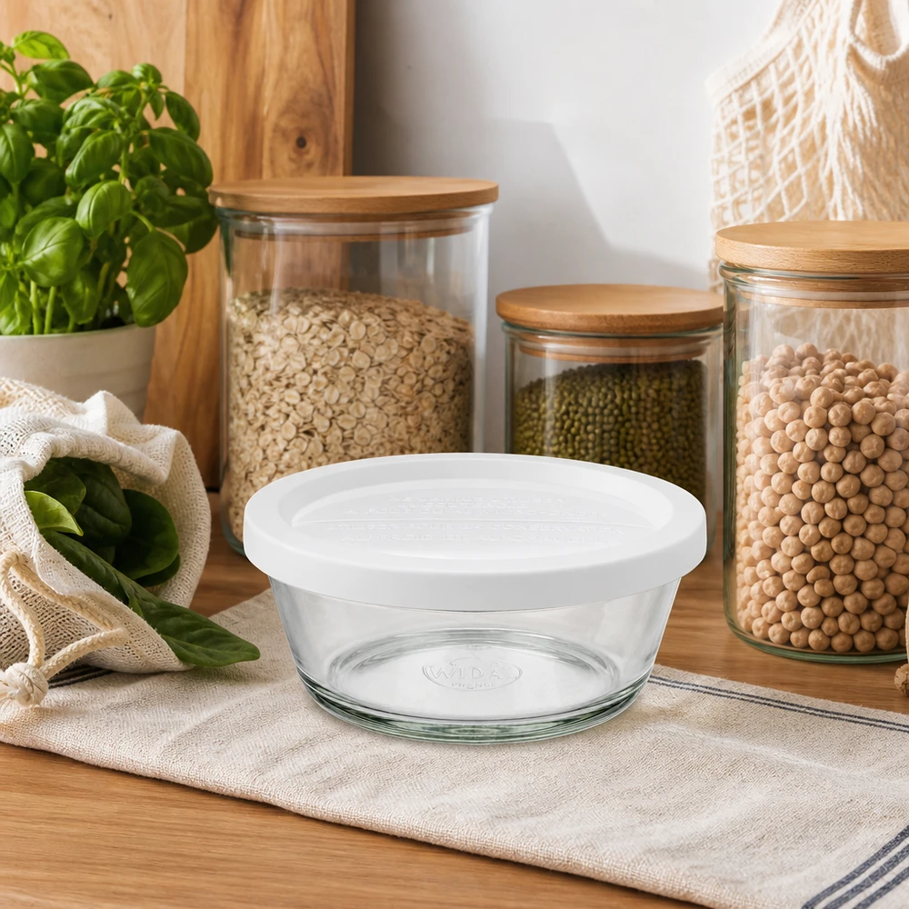 WECK RR120 Gourmetglas 300ml mit weißem Deckel in natürlicher Küchenumgebung mit Kräutern und Vorratsgläsern