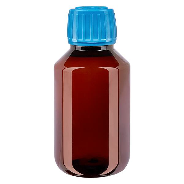 PET-pullo 100ml, sininen korkki, jossa on väärentämisen estävä korkki. PET-pullo 100ml, sininen korkki, jossa on väärentämisen estävä korkki.