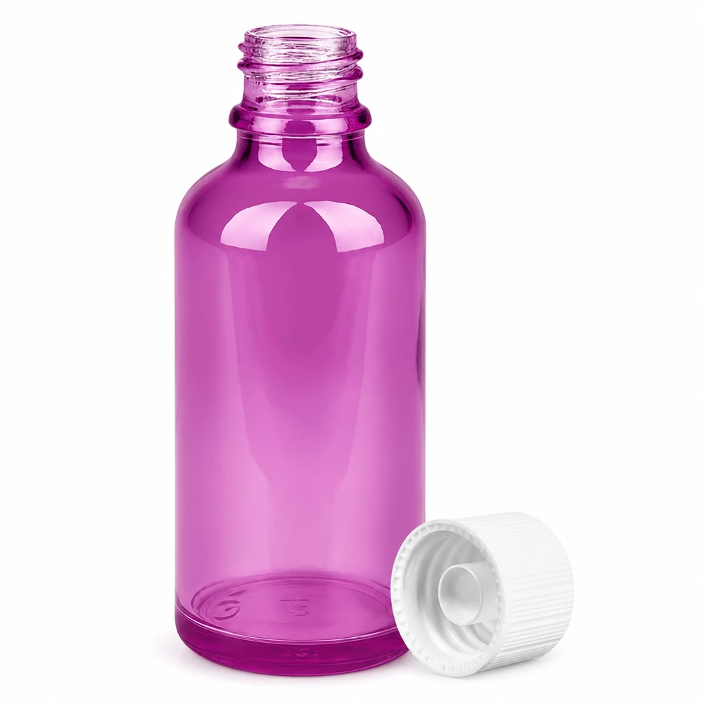 50ml pullo 11mm kierrekorkki valkoinen vakio PurpleLine UT18/50 PurpleLine UT18/50 Pieni 50ml tippapullo violetista lasia, jossa on 11mm aukko eteerisille öljyille ja seerumeille.