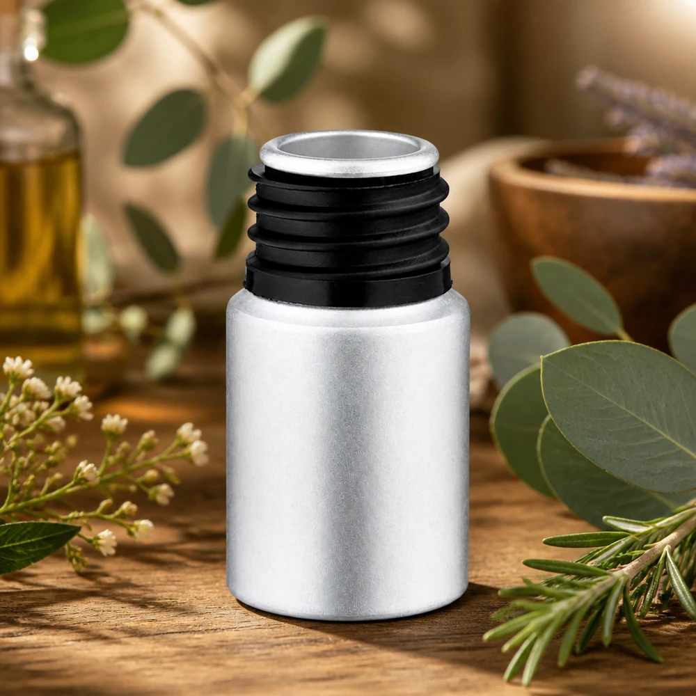 Pieni 10ml alumiinipullo tyylikkäässä hopeassa aromaterapiaöljyille ja -esansseille.