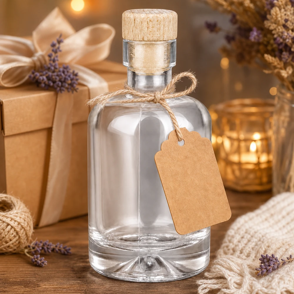 50ml lasipullo Amelie lahjapakkauksena, koristeltu laventelipapeririipuksella ja lämpimällä kynttilänvalolla.