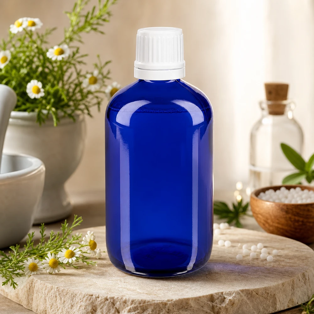 Apteekkipullo sininen 100ml ruuvikorkki valkoinen peukaloinninesto sulkeminen Sininen lasipullo (100 ml), jossa on valkoinen OV-korkki, luonnonkiven päällä kamomillankukkien ja homeopaattisten rakeiden vieressä