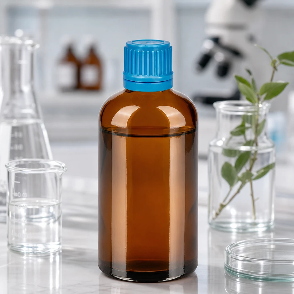 Korkealaatuinen 100ml lasipullo, ruskea, sinisellä sinetöidyllä korkilla, farmaseuttiseen käyttöön.