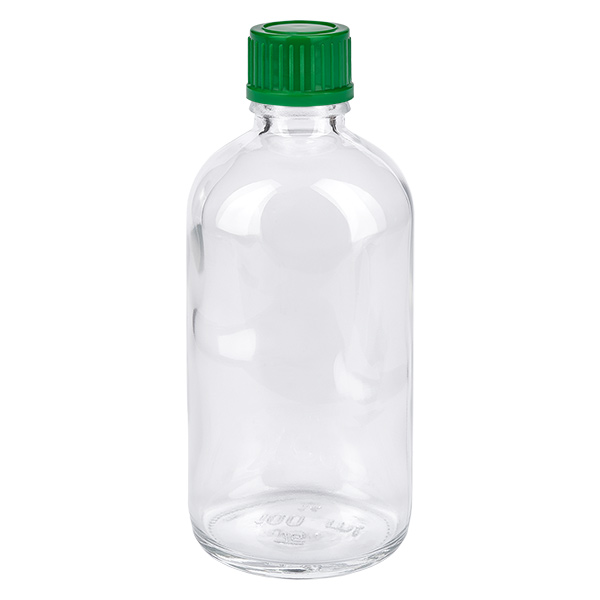 100ml pullo 11mm ruuvikorkki vihreä Standard ClearLine UT18/100 100 ml:n kirkas lasipullo, jossa on vihreä kierrekorkki, 11 mm, ClearLine UT18/100
