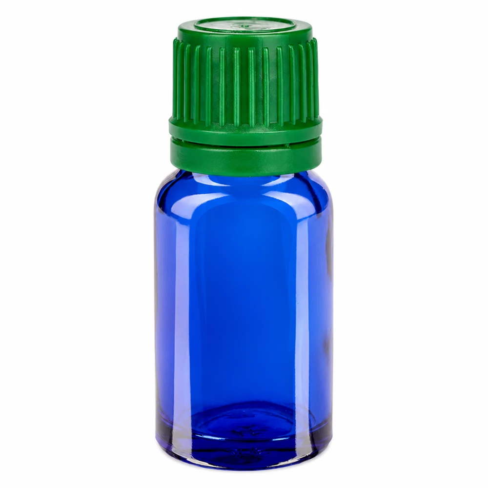 10ml sininen lasipullo vihreällä kierrekorkilla eteerisille öljyille ja kosmetiikalle.