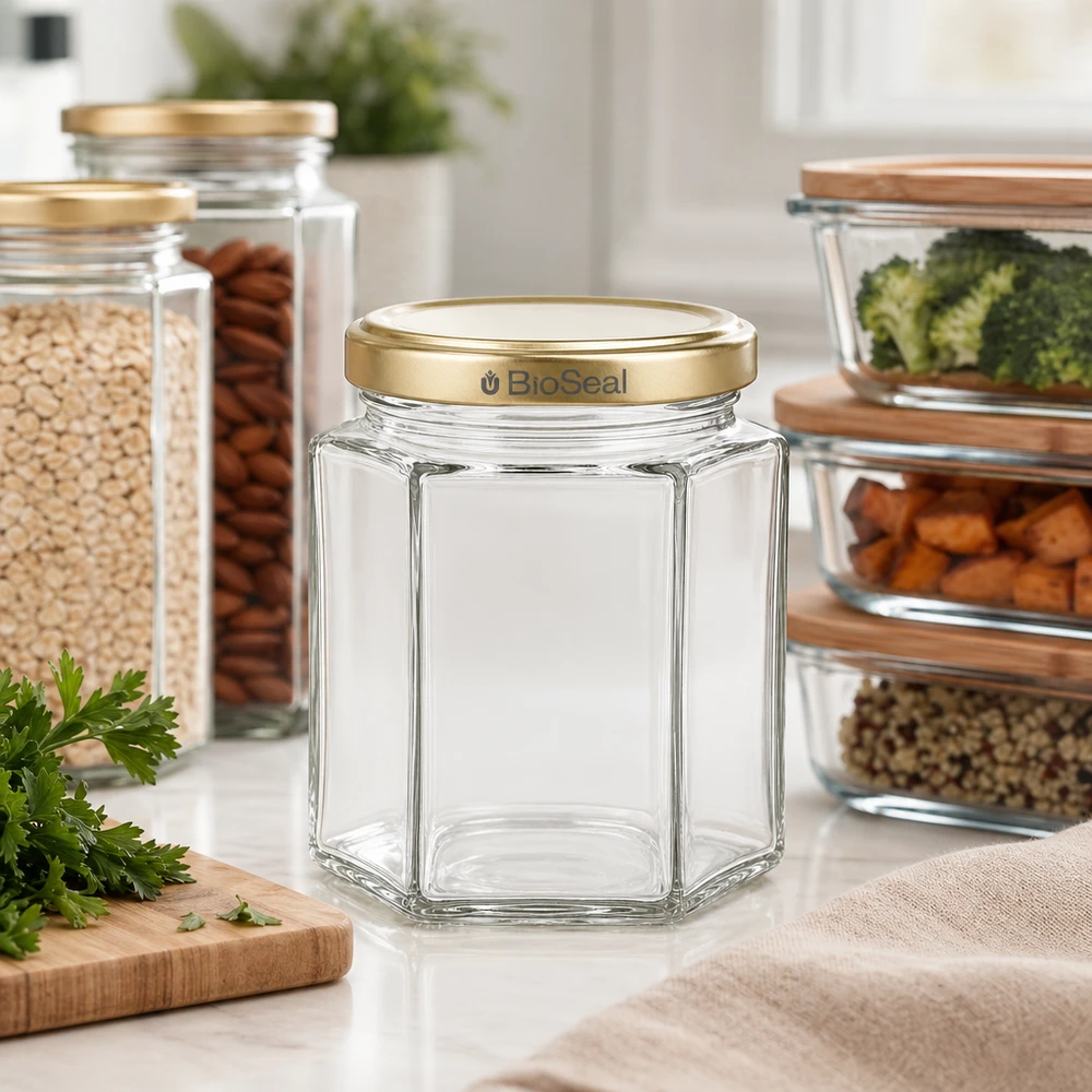 250g Honigglas mit goldenem Deckel BioSeal UNiTWIST 250g hunajapurkki kuusikulmainen tyhjä BioSeal kultainen kansi moderni keittiö säilytyspurkeilla pähkinät vihannekset yrtit yrtit