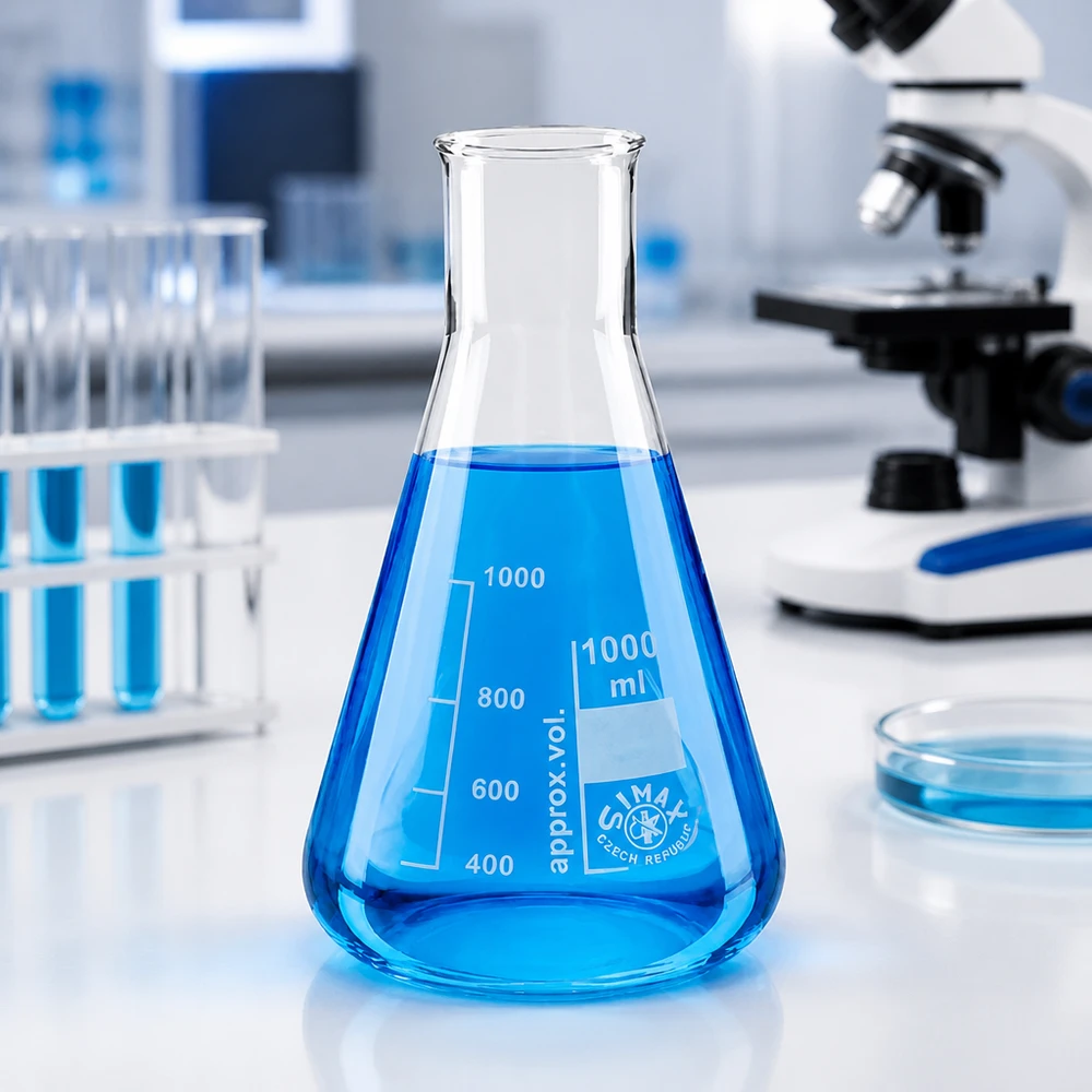 Erlenmeyer-pullo 200ml leveä kaula, jossa on asteikko tarkkoihin mittauksiin laboratoriossa.
