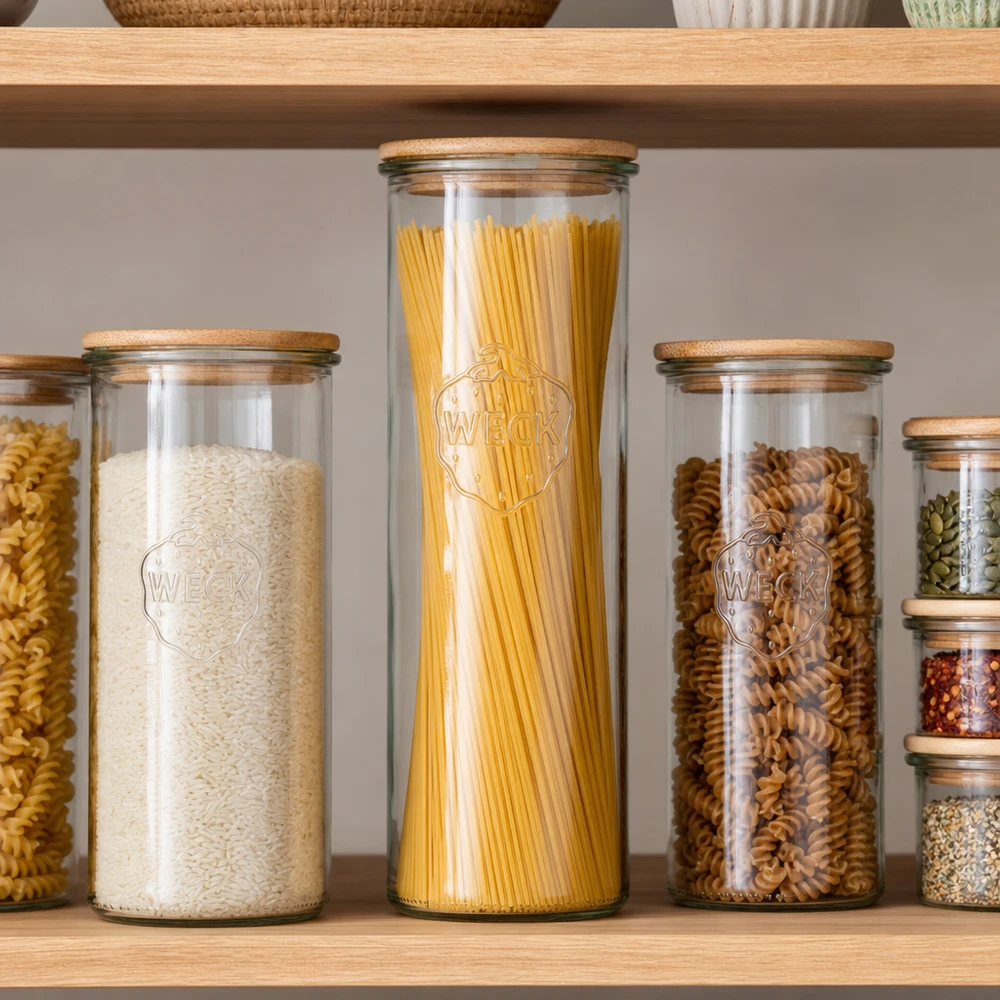 WECK säilytyspurkki 1500ml RR100 puukannella spagetti riisi nuudeleille täydellinen keittiön organisointi ruokakomero