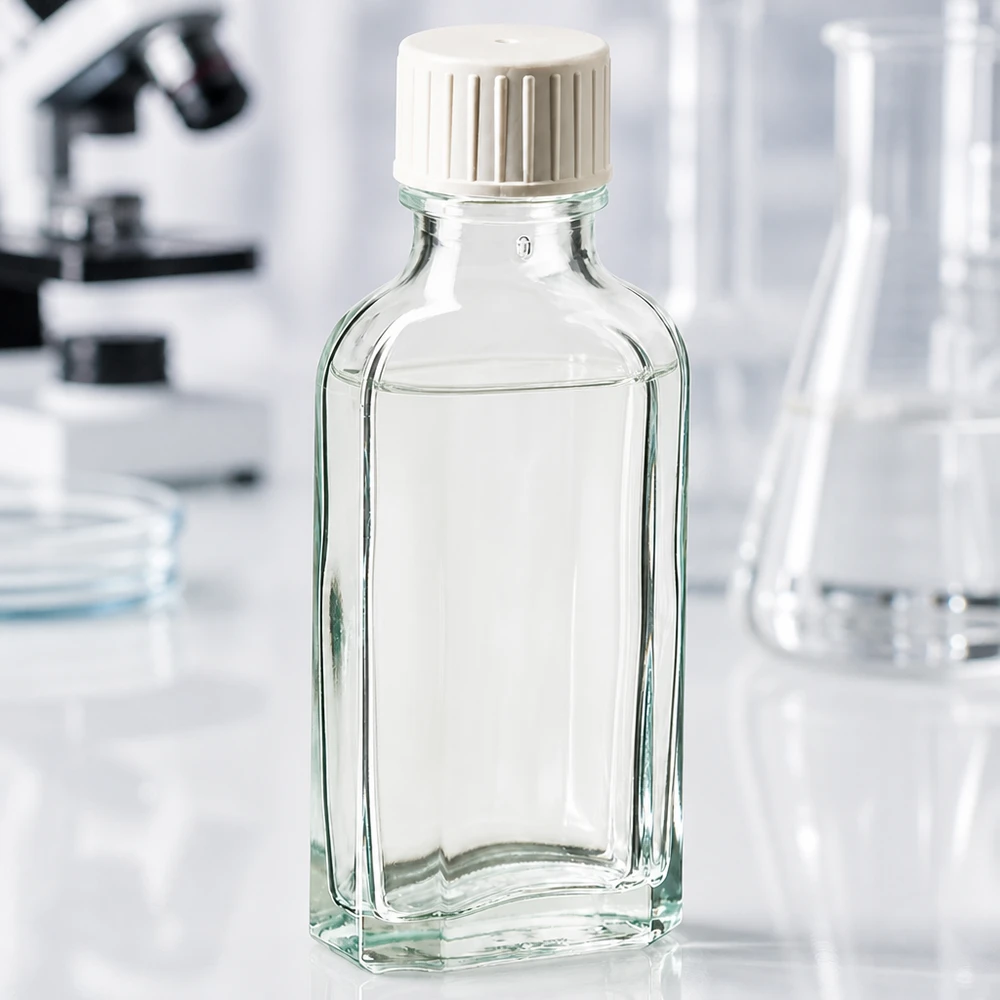 Pieni suorakulmainen 50 ml:n lasipullo, jossa on valkoinen muovikorkki, laboratoriossa