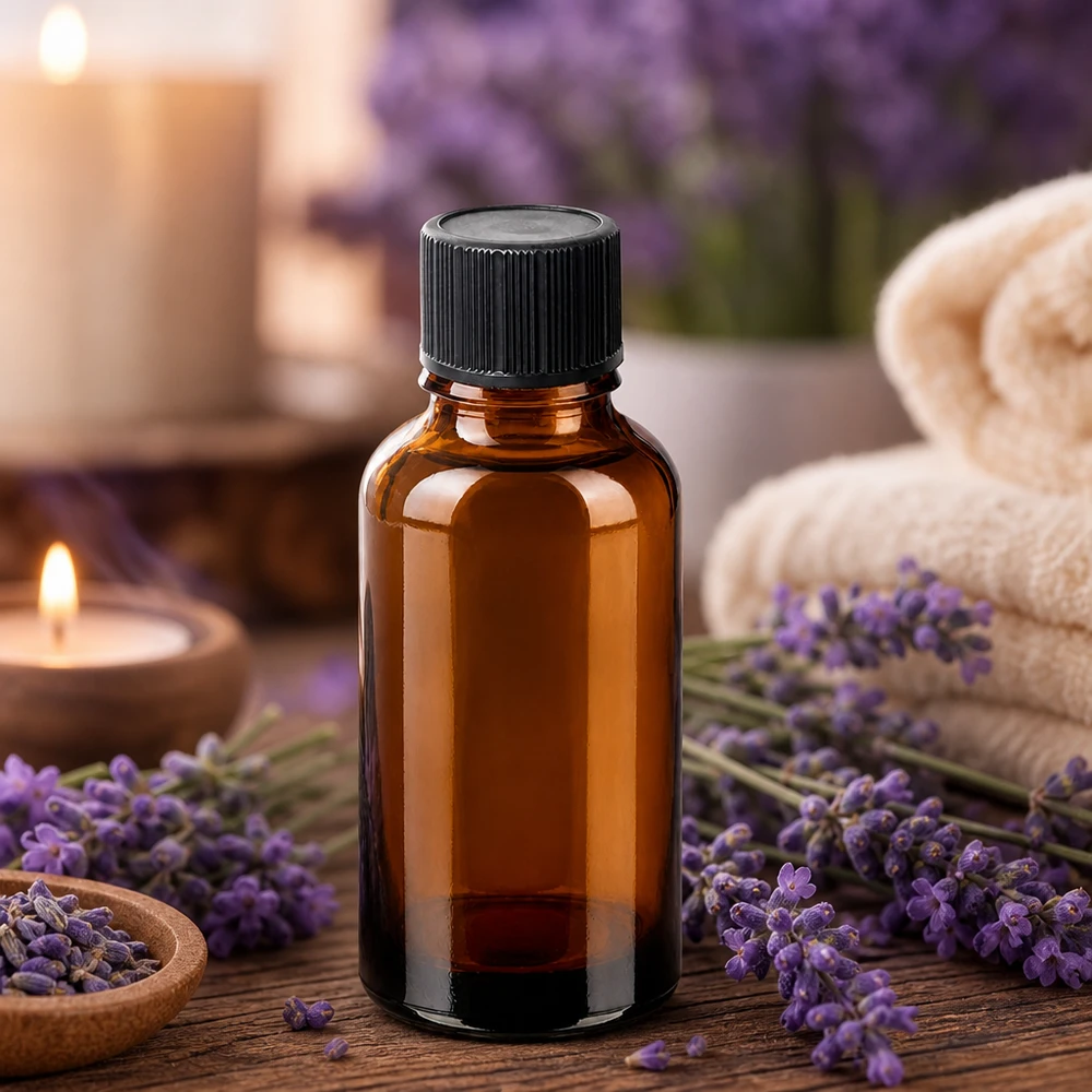 Tumma lasipullo 30ml mustalla ruuvikorkilla aromaterapiaan ja luonnonkosmetiikkaan.