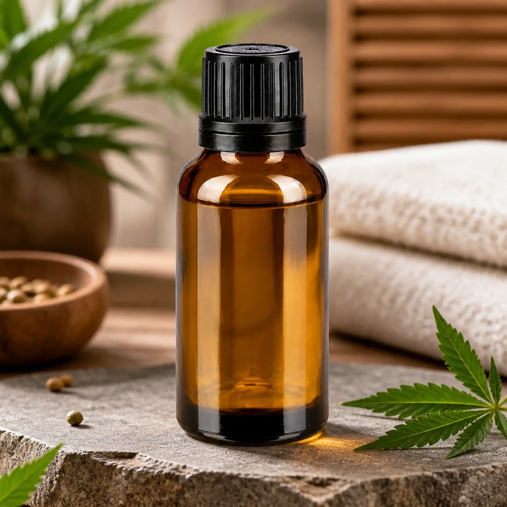 Apteekkipullo ruskea 20ml tippapullo tippakorkki kaatorengas 1mm musta väärentämisen estävä korkki 20 ml:n ruskealasiinen tiputuspullo, jossa on musta kierrekorkki, kannabiksen lehtien ja hampunsiementen vieressä