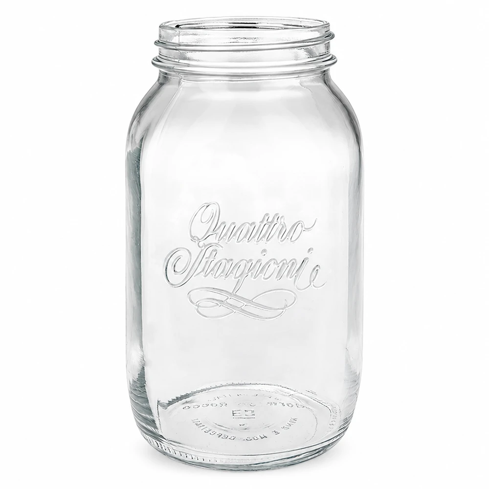 1500ml pyöreä purkki "Quattro Stagioni" QS86mm. 1500ml Quattro Stagioni kotitalouspurkki ruuvikierteellä, läpinäkyvä säilöntäpurkki keittiöön ja säilytykseen.