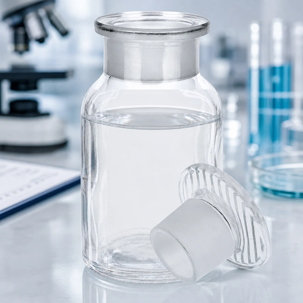 Pyöreä olkapääpullo 100ml kirkas leveäkaulainen lasitulppa Pyöreäolkapullopullo, 100 ml, leveäkaulainen, hiottu lasitulppa, ilmatiivis, laboratoriokemikaaleille