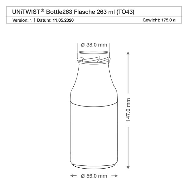 263ml pullo ilman kantta (TO43) UNiTWIST UNiTWIST Bottle263 lasipullo 263ml TO43 mitat 147mm korkeus 56mm halkaisija tekninen piirustus