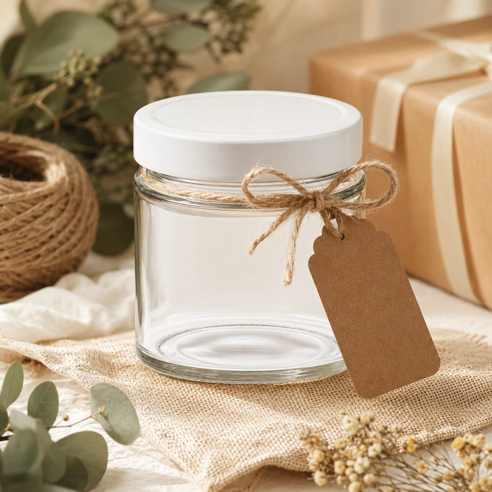135ml pyöreä lasipurkki + BasicSeal kansi valkoinen syvä UNiTWIST 135ml pyöreä purkki valkoisella BasicSeal-kannella, joka on koristeltu voimapaperilapulla DIY-lahjapakkauksella.