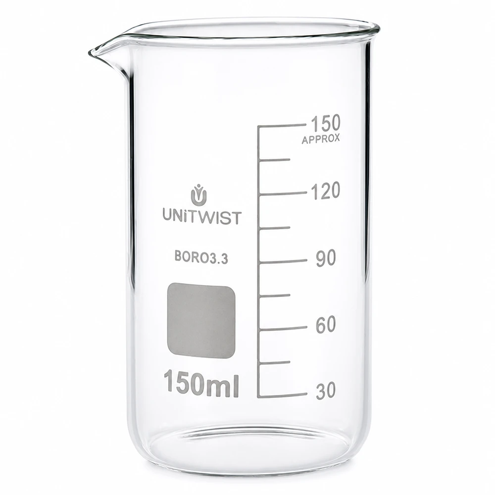 Juomalasi 150ml borosilikaatti, korkea muoto UNiTWIST 150 ml:n korkea, läpinäkyvä borosilikaattilasinen mittalasi, millilitra-asteikolla, UNITWIST