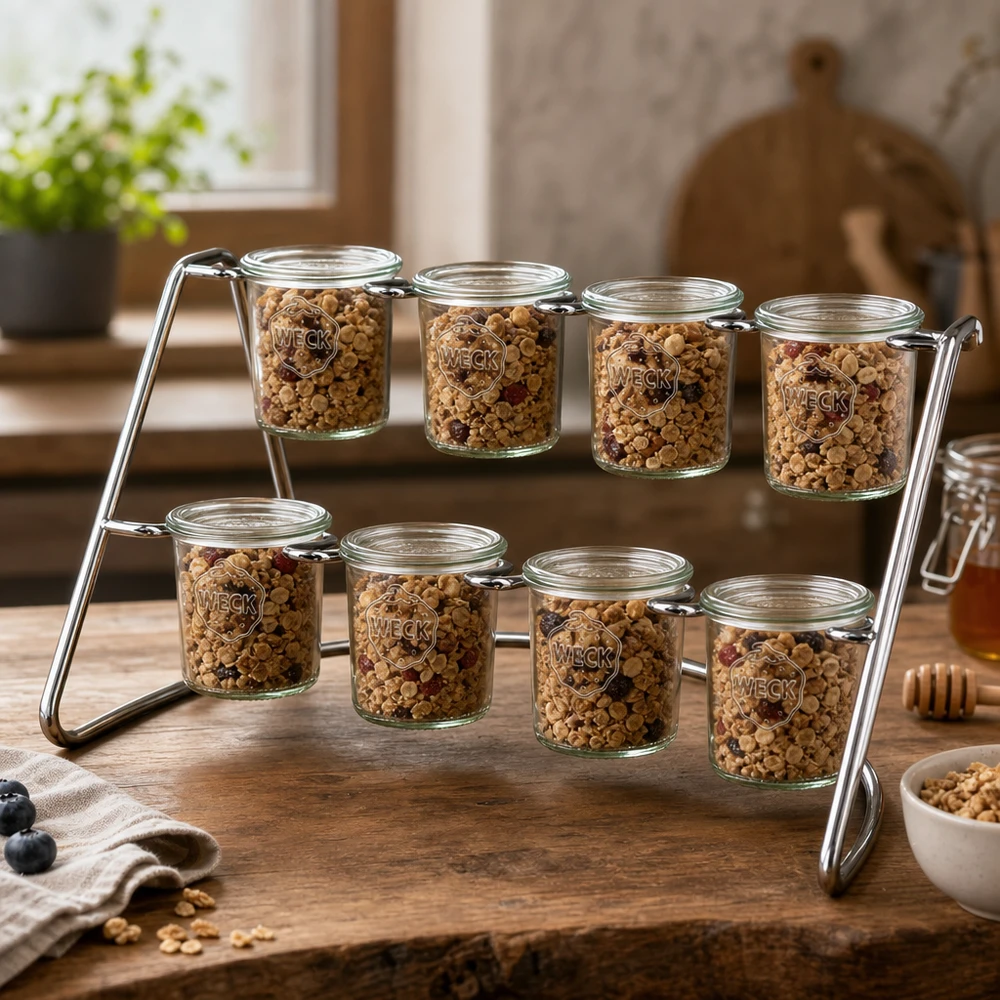 Flato8-tarjoiluteline 8 WECK-lasille WECK Serviergestell Flato8 mit Müsli und Nüssen gefüllt zeigt praktische Küchenorganisation auf Holztisch