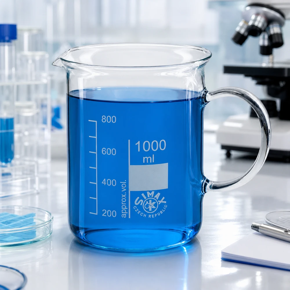 1000 ml:n mittalasi, jossa on sinistä nestettä ja kahva, laboratorioympäristössä