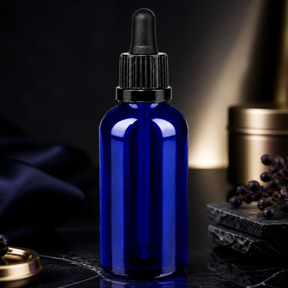 Premium-lasipullo 50ml, jossa on liukumaton musta pipettikorkki turvallista käsittelyä varten.