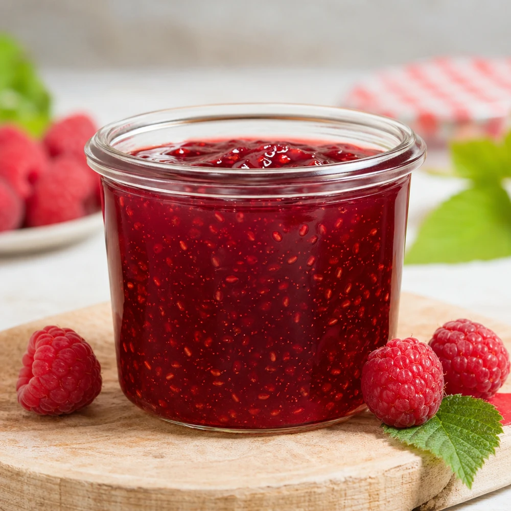 35 ml:n kaatopullo WECK RR40 WECK RR40 35 ml:n muuripurkki täynnä punaista hilloa, jota ympäröivät tuoreet vadelmat puulautasella.