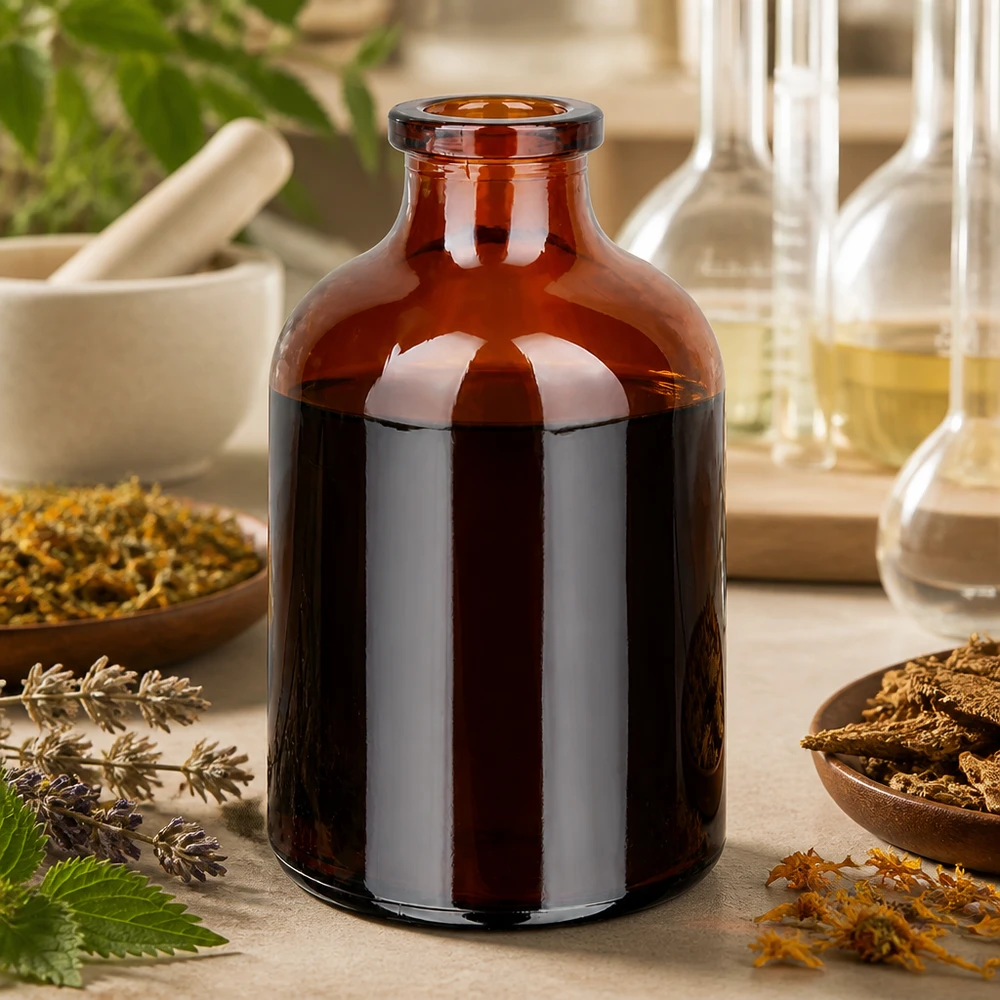 Injektiopullo meripihkalasia 50ml Braunglas Injektionsflasche 50ml für pflanzliche Extrakte mit Kräutern und Laborgeräten im Hintergrund