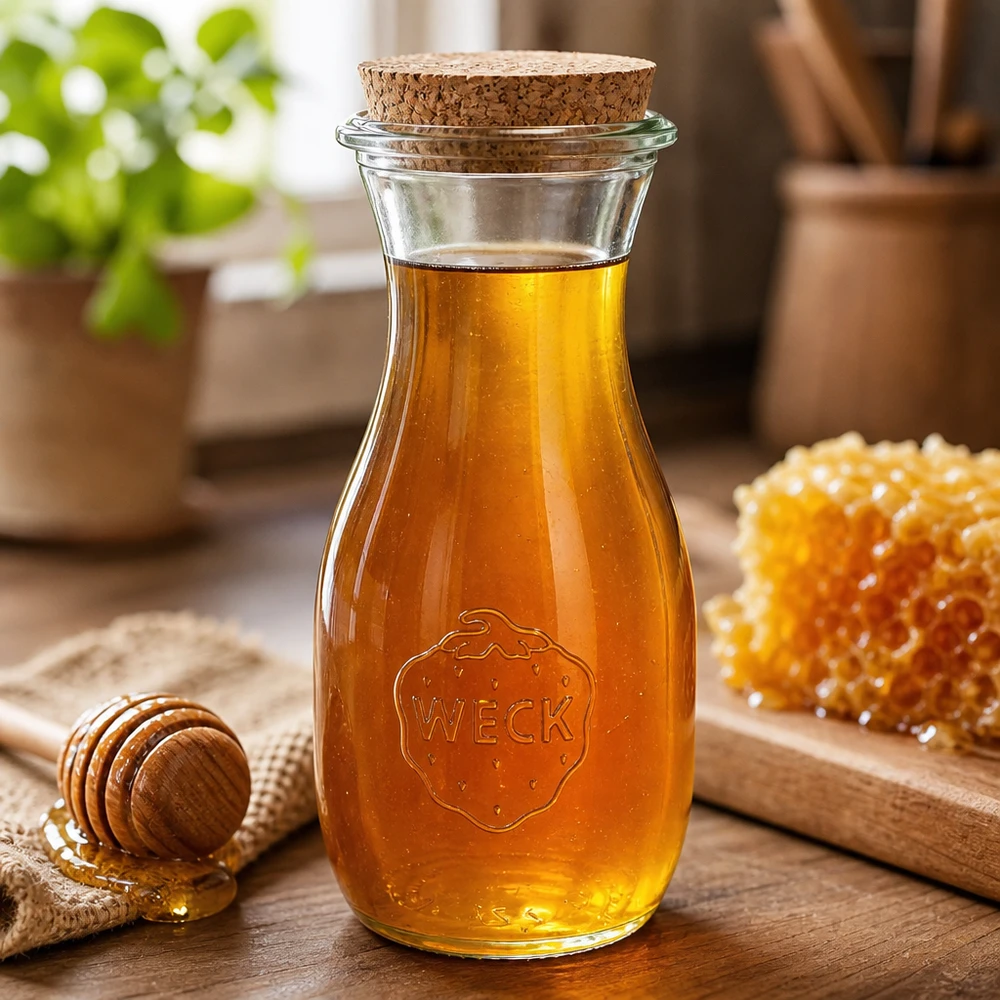 WECK lasipullo 530ml täynnä hunajaa vieressä hunajakenno hunaja ja hunaja lusikka puulauta maalaismainen keittiö