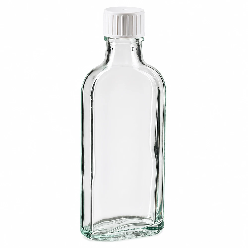 100 ml Meplat-kirkas kierrekorkki, jossa on kaaderengas. 100 ml:n Meplat-pullo, kirkas, valkoisella kierrekorkilla ja lasisella kaatorenkaalla