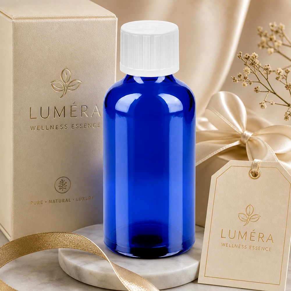 50ml pullo 11mm kierrekorkki valkoinen vakio lapsiturvallinen BlueLine UT18/50 BlueLine UT18/50 50ml pyöreä olkapääpullo kirkkaan koboltinsininen ja valkoinen korkki wellness-essansseille.