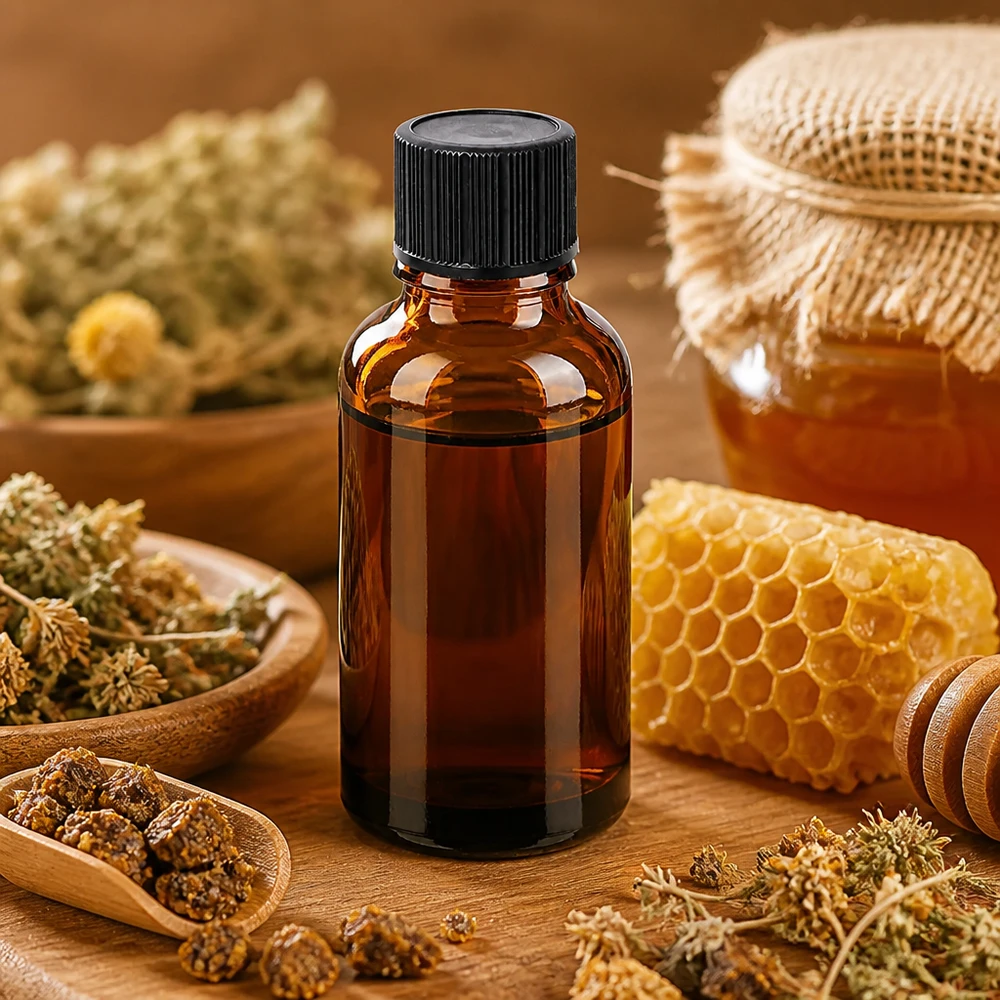 Pienikokoinen 30ml meripihkalasipullo tiputuskorkilla valoherkille öljyille ja esansseille.