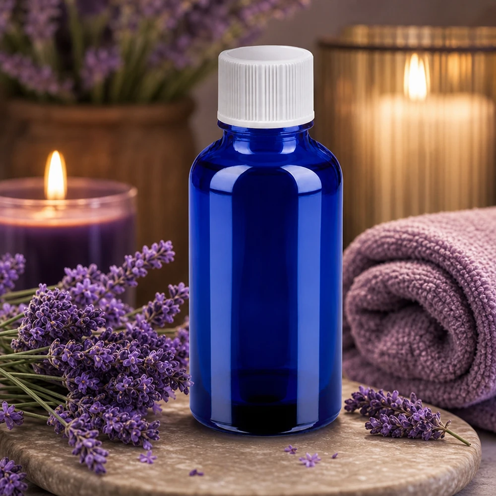 30ml koboltinsininen lasipullo, jossa on lapsiturvallinen korkki aromaterapiaan ja hyvinvointiin.