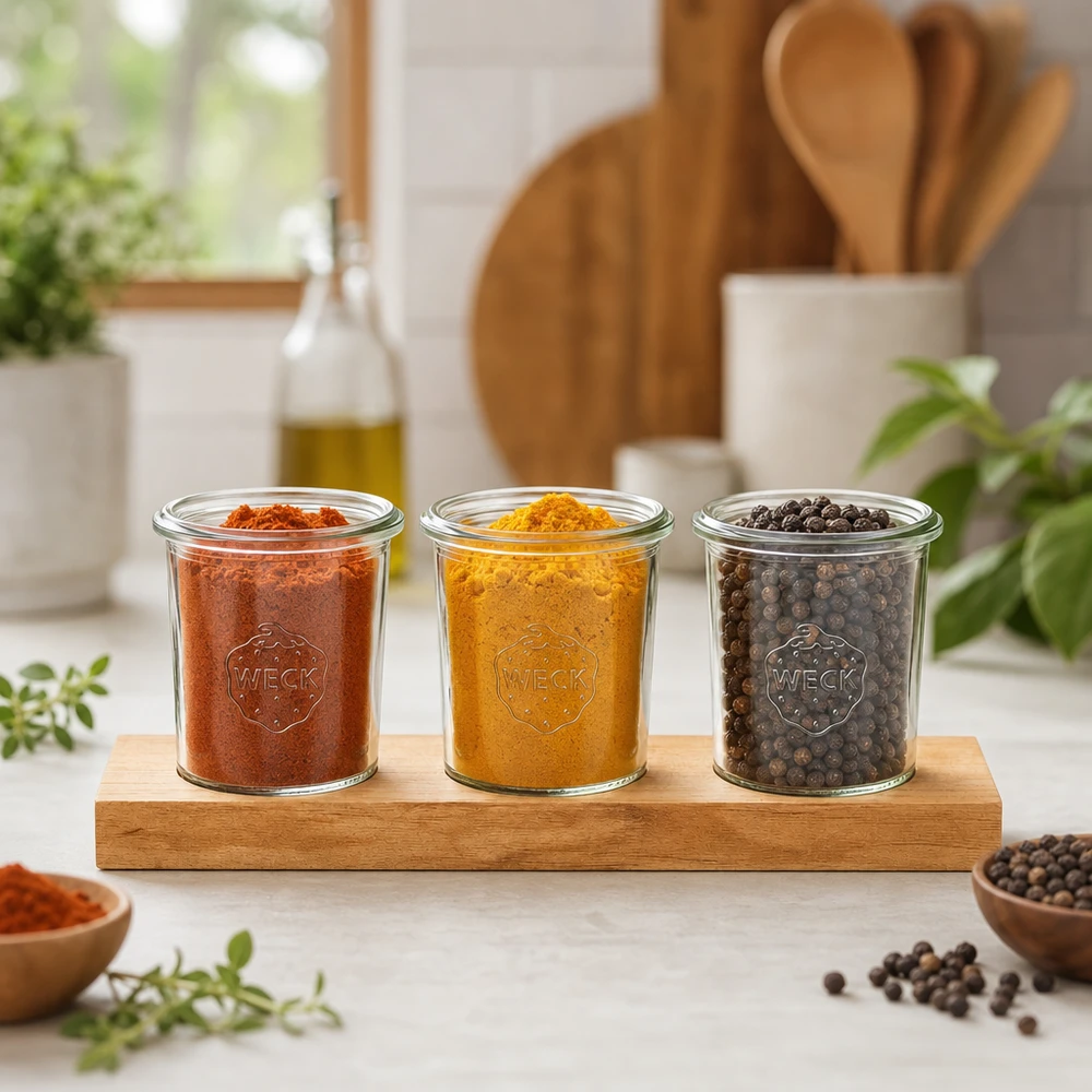 Tarjoilulautanen Plano3 ja 3 kpl Weck-lasipurkkia (160 ml) Weck-purkkeja 160ml mausteilla kurkuma ja pippuri bambu tarjoilulaudalla luonnollisessa keittiön ilmapiirissä.