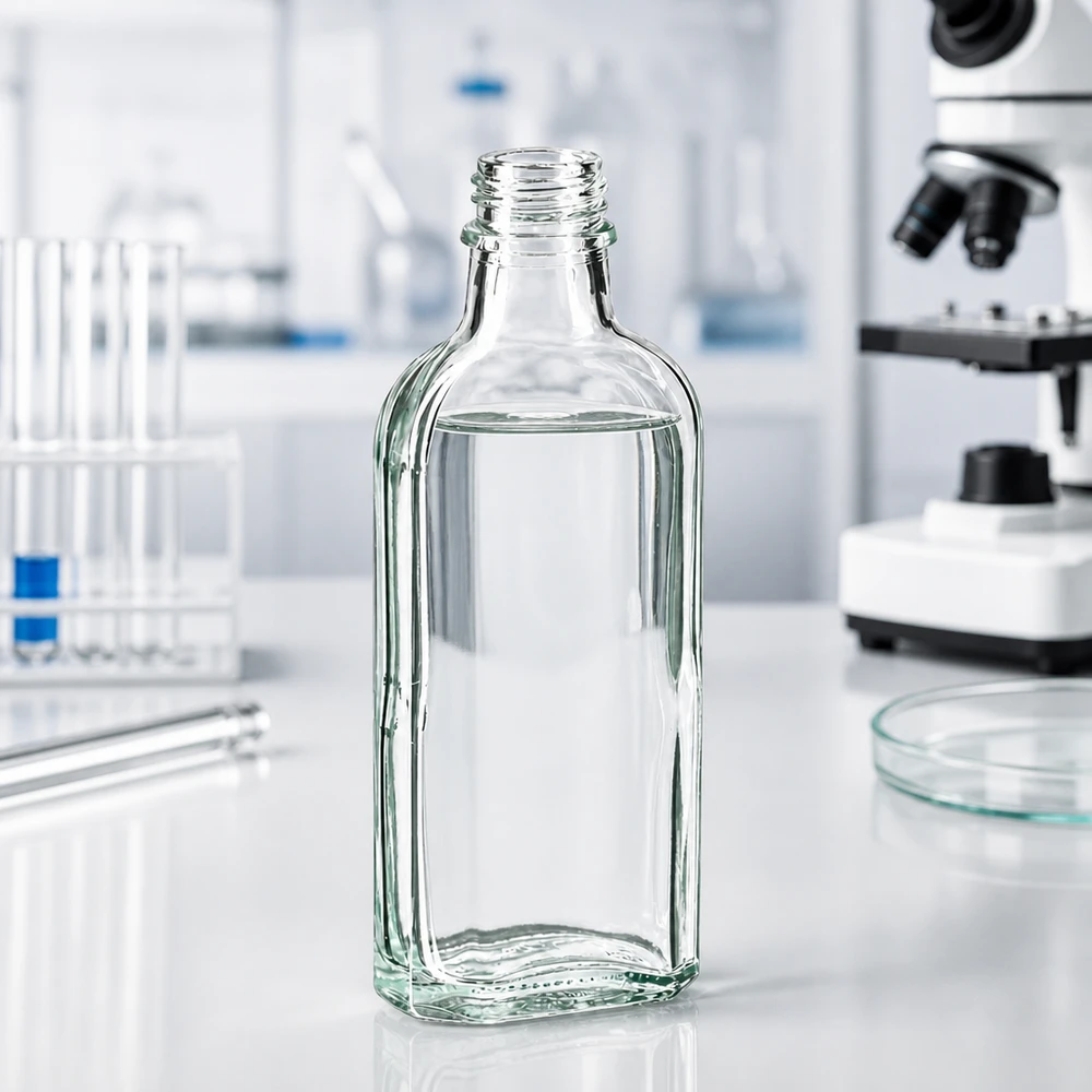 Suorakulmainen, kirkas 100 ml:n lasipullo, jossa on DIN22-kierrekorkki, laboratoriossa