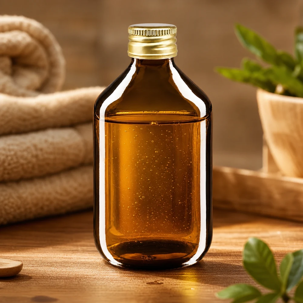 Meripihkanvärinen lasipullo 300ml, jossa on kultainen alumiininen kierrekorkki lääkinnällisiin sovelluksiin.