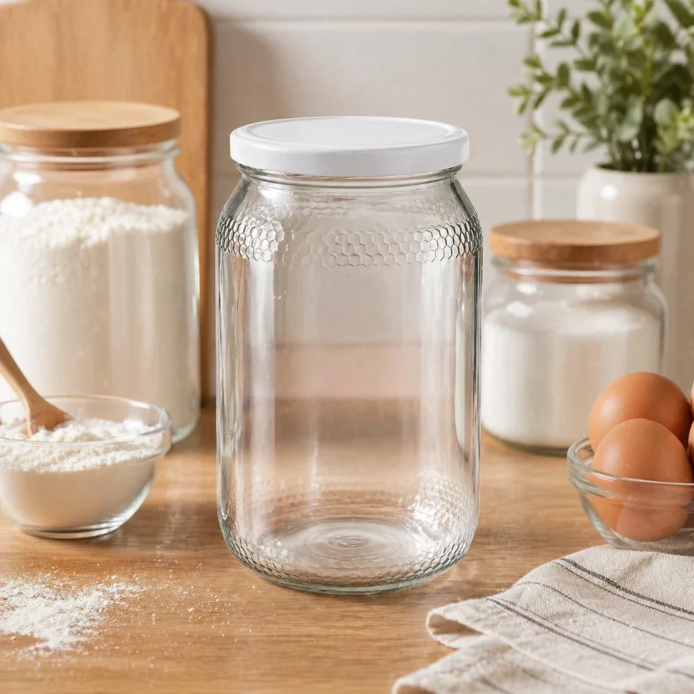 1260g Honigglas + BasicSeal Deckel weiß UNiTWIST Hunajapurkki 900ml tyhjä keittiössä tunnelma leivonta-ainekset jauhot munat osoittaa käytännöllinen varastointi BasicSeal kansi